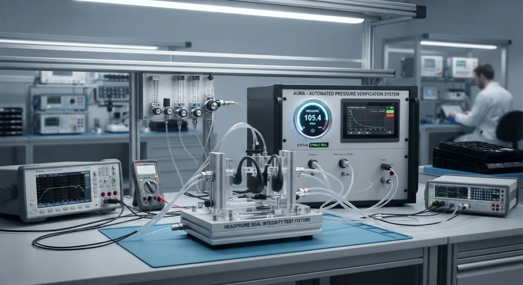 Automated pressure differential testing system verifying structural sealing for ipx8 bone conduction headphones.