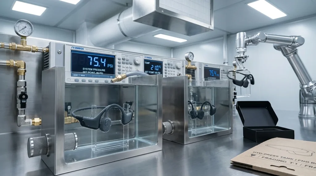 Specialized laboratory equipment testing ipx8 bone conduction headphones under deep water pressure for aquatic durability validation