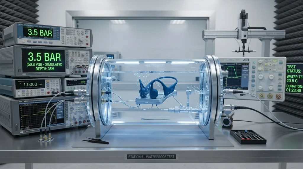 Waterproof swimming earphone undergoing hydrostatic pressure testing inside a transparent water chamber