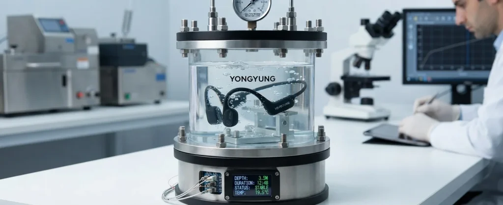 Specialized laboratory equipment testing ipx8 bone conduction headphones under deep water pressure for aquatic durability validation