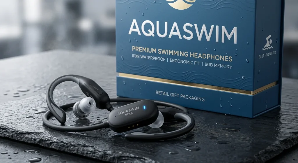 Custom waterproof headphones manufacturer displaying IPX8 swimming headphones and private label retail box