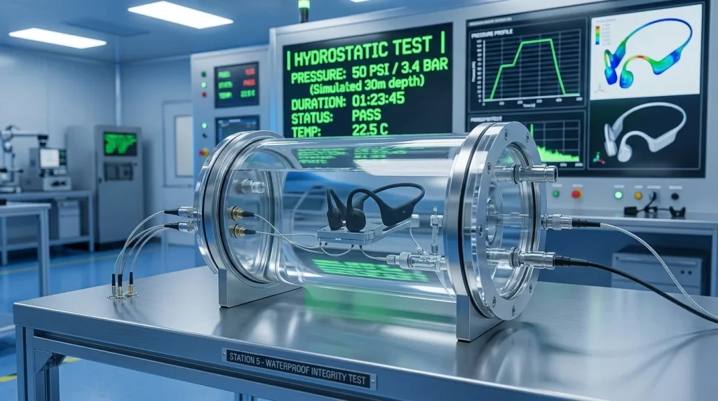 Waterproof bone conduction swimming headset submerged inside a pressure testing chamber during IPX8 sealing validation