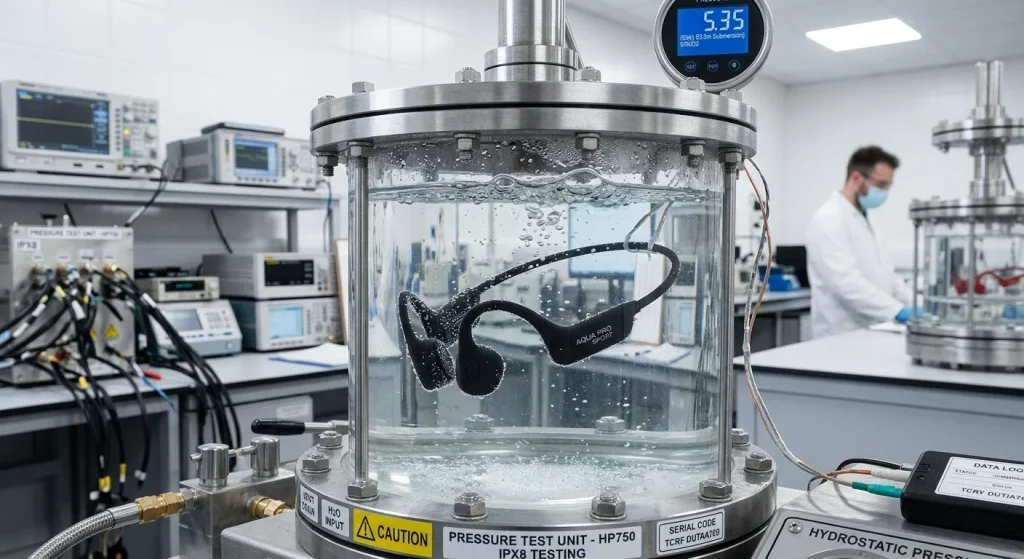 Waterproof swimming bone conduction earphone submerged inside a clear pressure testing tank during IPX8 sealing validation