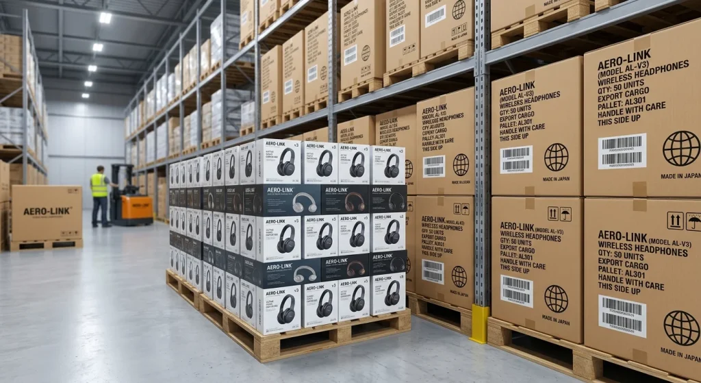 Custom branded retail packaging and export cartons prepared for bulk audio shipment