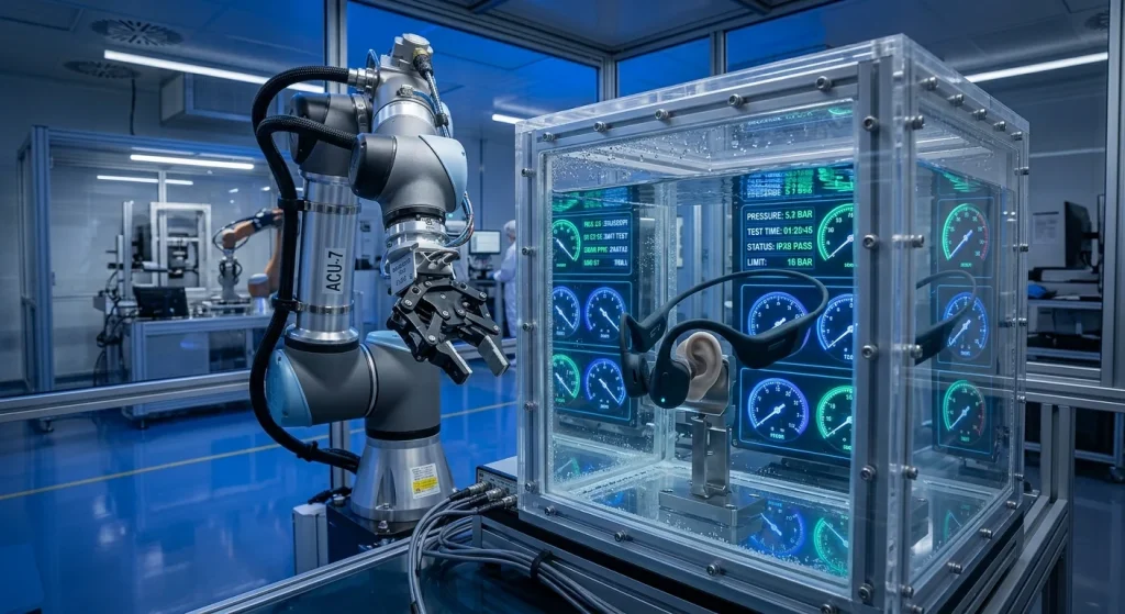 Waterproof bone conduction swimming headset submerged inside a pressure testing chamber during IPX8 sealing validation
