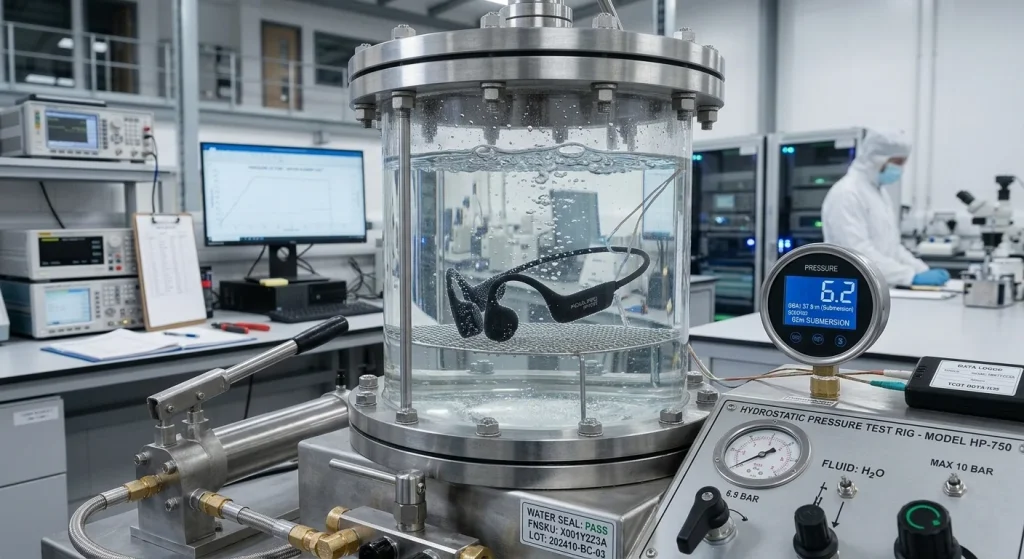 Waterproof bone conduction swimming headset submerged inside a pressure testing chamber during IPX8 sealing validation