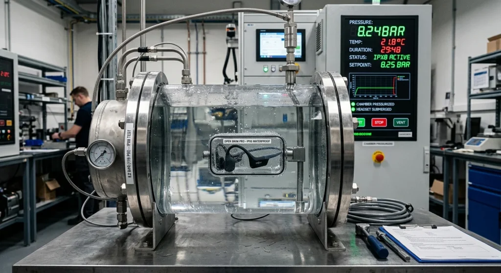 Waterproof bone conduction swimming headset submerged inside a pressure testing chamber during IPX8 sealing validation