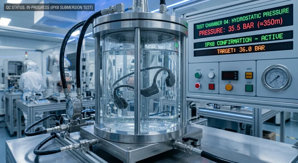 Waterproof bone conduction swimming headset submerged inside a pressure testing chamber during IPX8 sealing validation