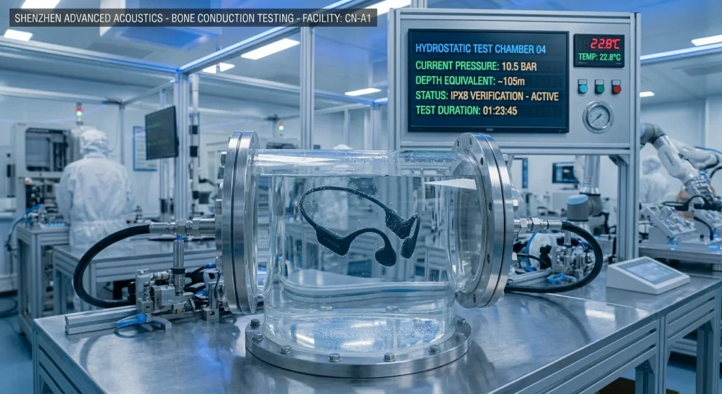 Waterproof bone conduction swimming headset submerged inside a pressure testing chamber during IPX8 sealing validation