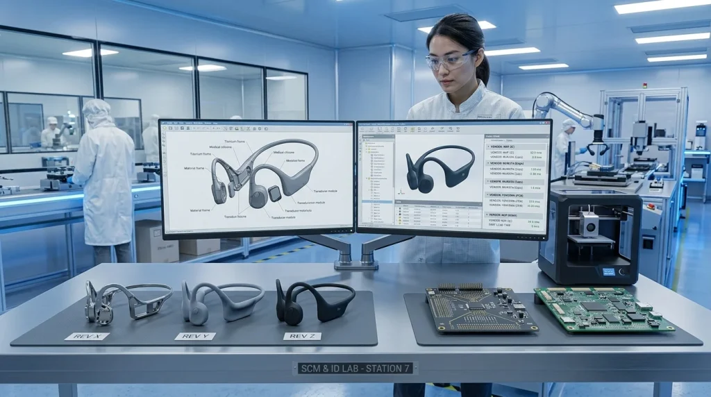 B2B audio product development workstation displaying open ear headphone CAD designs and circuit board prototypes
