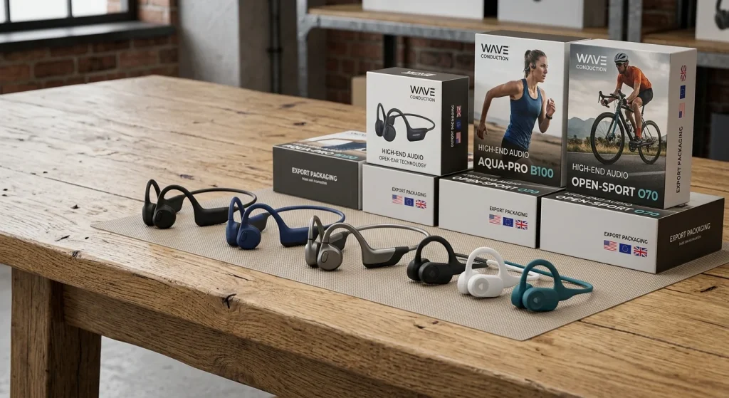 OEM audio manufacturer China displaying sports headphones and custom retail export boxes