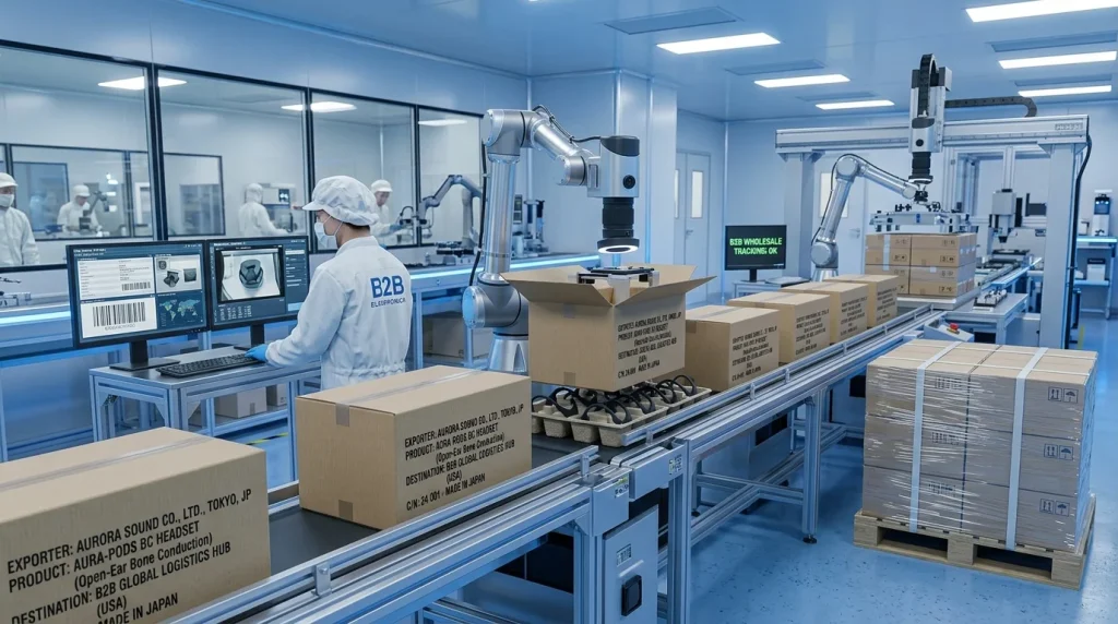 Organized export cartons of private label open ear headphones prepared for international B2B bulk shipping