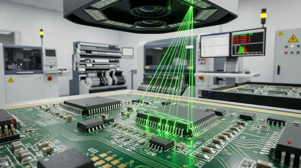Automated optical inspection system scanning solder joint quality on a printed circuit board assembly
