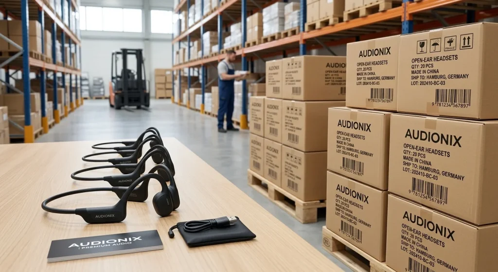 Export ready shipping cartons containing open ear headsets produced by a private label bone conduction headphones manufacturer for international distribution