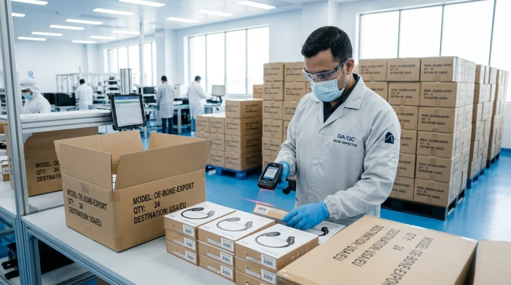 Quality control inspector reviewing white-label export packaging cartons in a modern headphone manufacturing warehouse