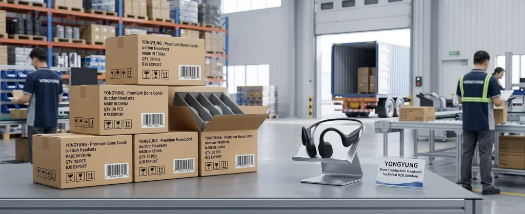 Export ready cartons of open ear audio devices prepared by a professional bone conduction headphones manufacturer for international shipping