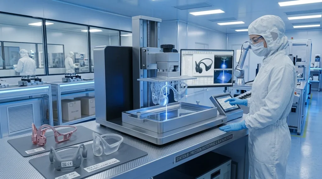 SLA 3D printing process producing custom bone conduction headphone enclosure samples for mechanical verification
