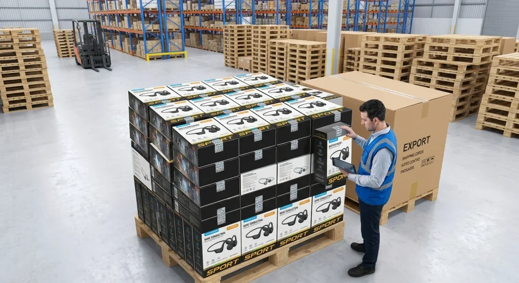 Inspection of shelf ready headphone retail packaging for bone conduction and swimming headphones before export