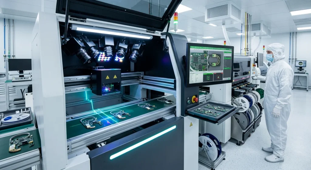 SMT automated optical inspection AOI checking printed circuit boards for OEM audio manufacturing