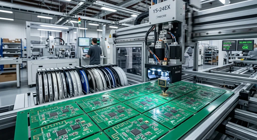 Automated SMT surface mount machine placing integrated circuits onto Bluetooth audio PCB