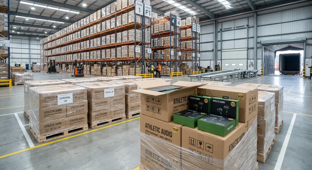 Bulk order export cartons and retail packaging for sports headphones ready for global B2B distribution