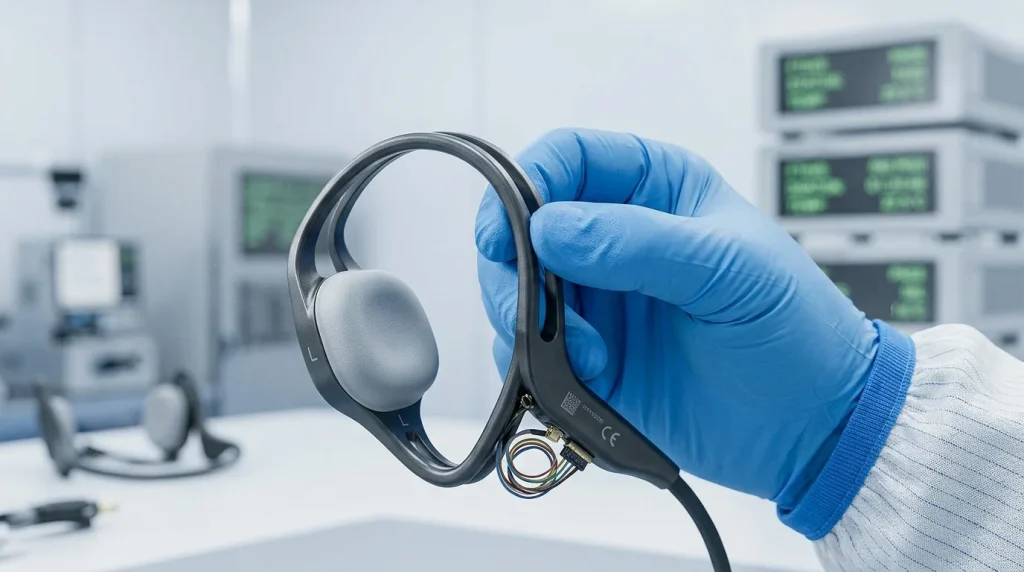 Technician inspecting flexible nickel titanium alloy headband of an open ear bone conduction headset for durability and silicone finish