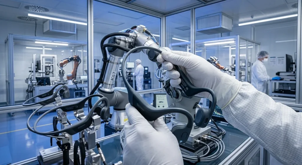 Technician inspecting flexible nickel titanium alloy headband of an open ear bone conduction headset for durability and silicone finish
