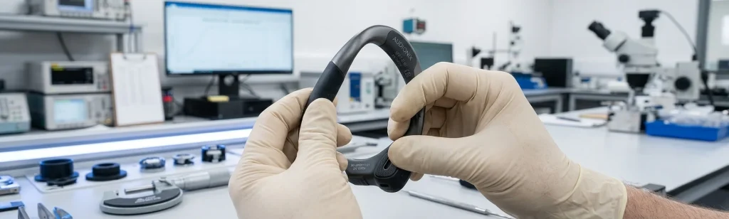 Technician inspecting flexible nickel titanium alloy headband of an open ear bone conduction headset for durability and silicone finish