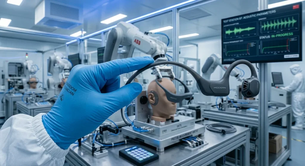 Technician inspecting flexible nickel titanium alloy headband of an open ear bone conduction headset for durability and silicone finish