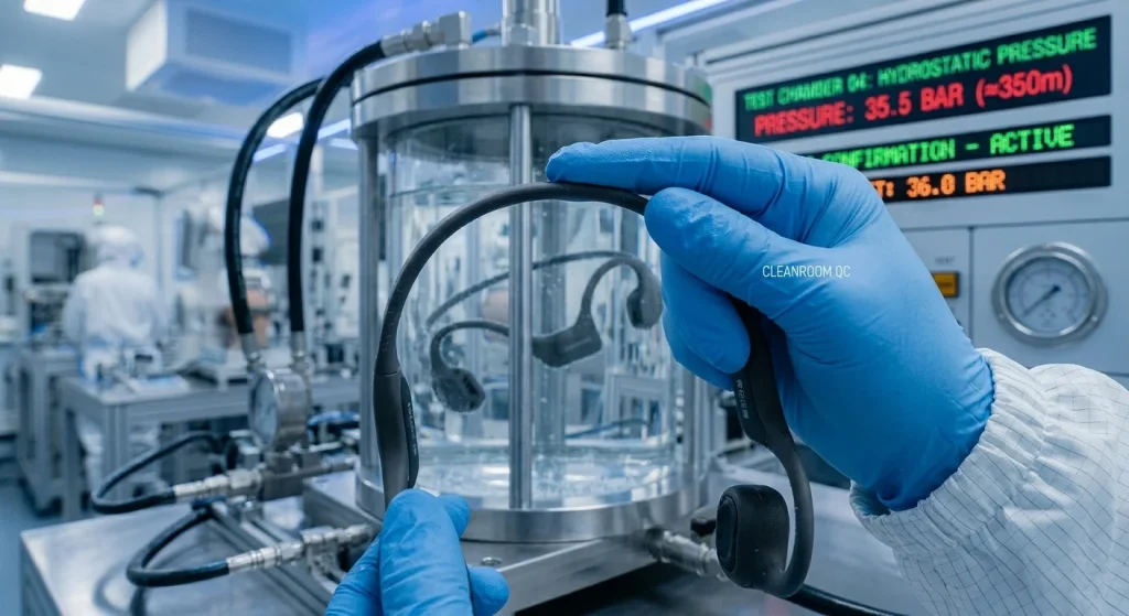 Technician inspecting flexible nickel titanium alloy headband of an open ear bone conduction headset for durability and silicone finish