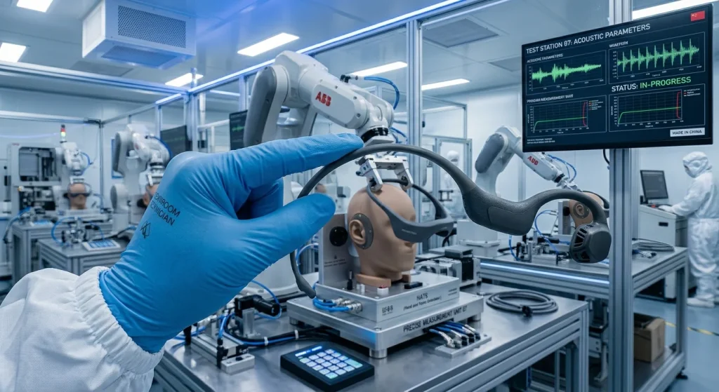Technician inspecting flexible nickel titanium alloy headband of an open ear bone conduction headset for durability and silicone finish