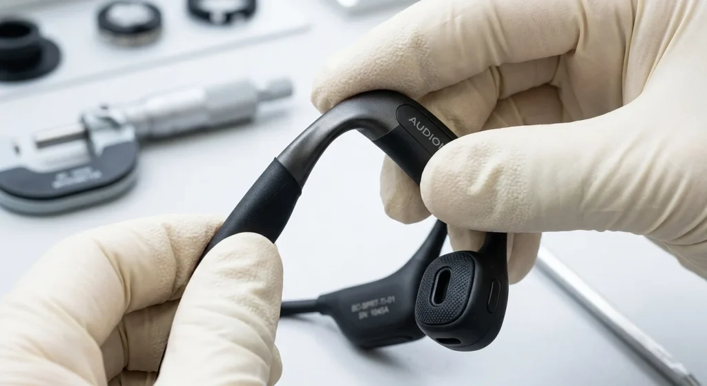 Flexible nickel-titanium alloy frame of a bone conduction open ear headphone being inspected for headband elasticity and silicone coating quality