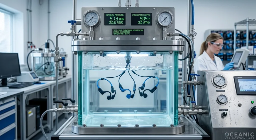 Underwater pressure test chamber verifying IPX8 waterproof compliance for custom sports headphones