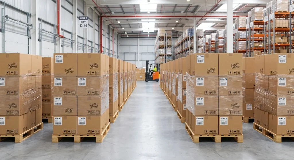 Palletized export packaging boxes of waterproof bone conduction headphones prepared for Amazon FBA fulfillment.