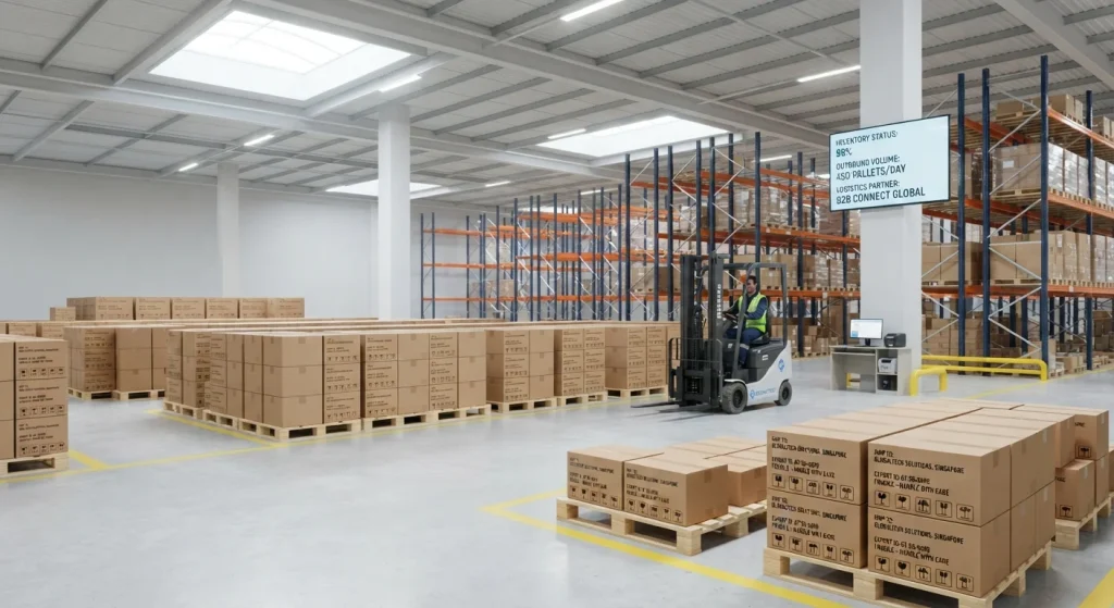 Palletized export cartons containing waterproof bone conduction headphones for swimming prepared for Amazon fulfillment.
