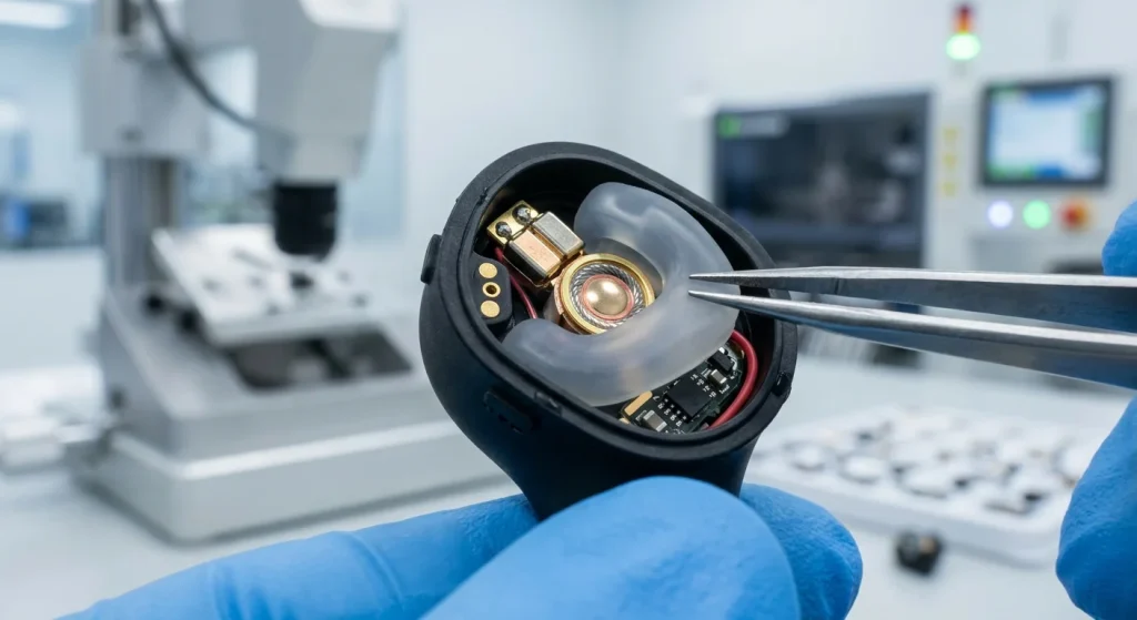 Detailed assembly of waterproof sports earphones with secure-fit acoustic drivers and silicone components
