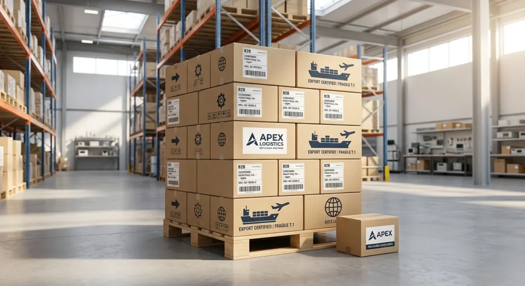 Stacked export cartons with white-label branding prepared for international cross-border logistics