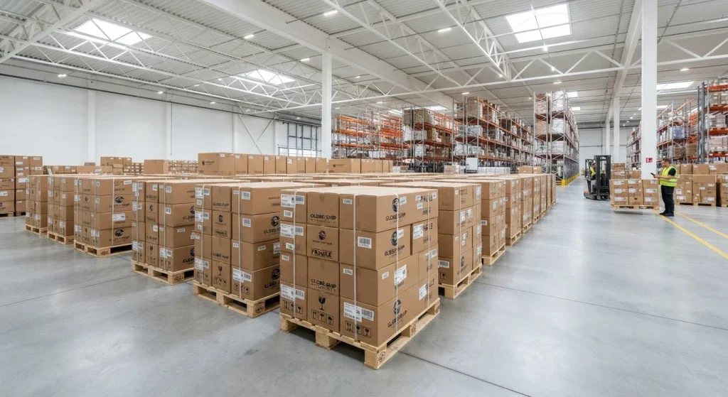 Palletized export packaging boxes of waterproof bone conduction headphones prepared for Amazon FBA fulfillment.