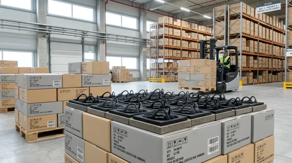 B2B wholesale white label Bluetooth headphones displayed on commercial export packaging cartons