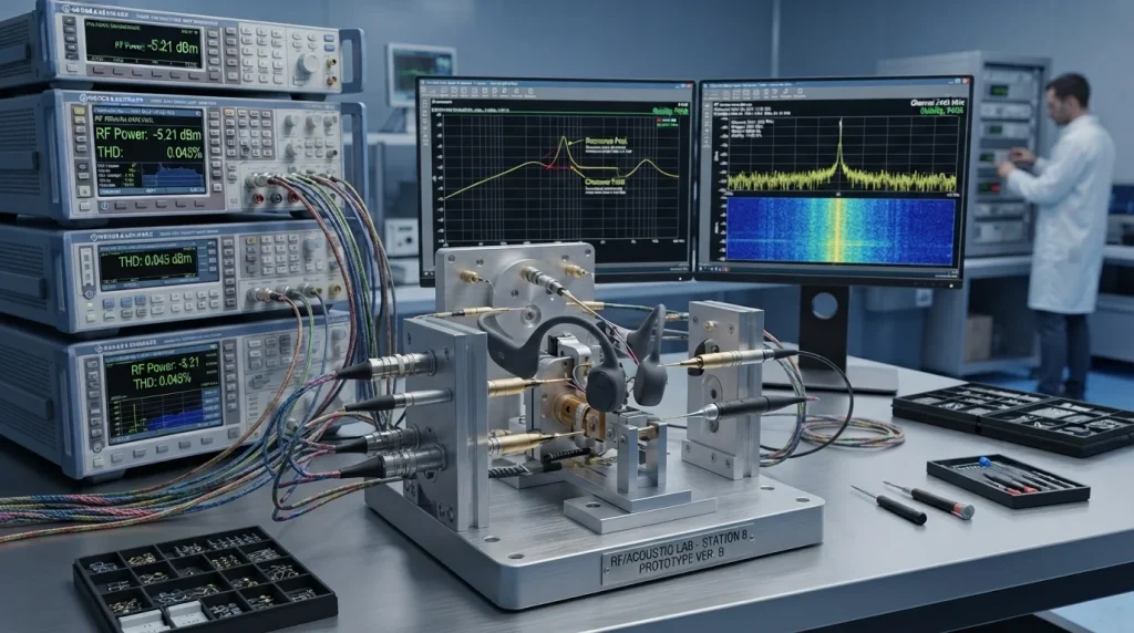 Engineering fixture conducting acoustic frequency response calibration and Bluetooth RF signal stability testing on open ear headphones