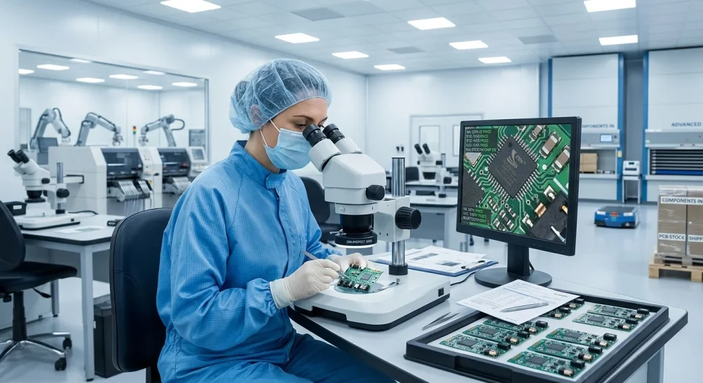 Quality control inspector evaluating Bluetooth earphone circuit board assembly in an OEM manufacturing facility
