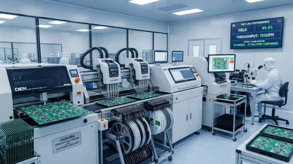 High-precision SMT surface-mount assembly line manufacturing Bluetooth headphone circuit boards in an OEM facility