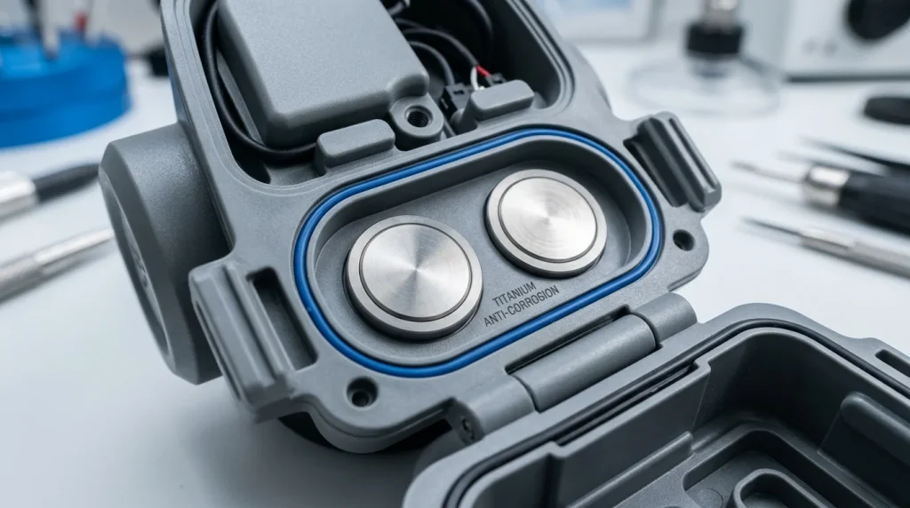 Anti-corrosion titanium charging contact detail on submersible waterproof headphone housing