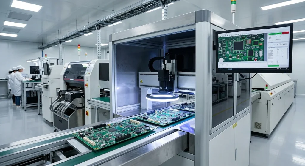 Automated PCBA inline optical testing equipment verifying circuit board quality in audio manufacturing
