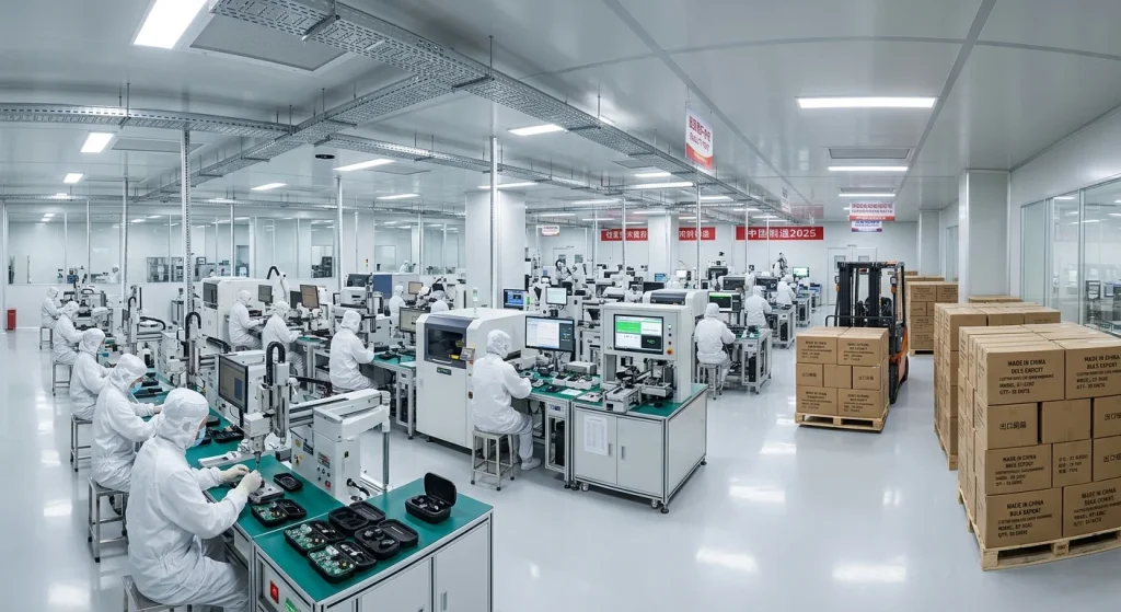 Consumer electronics OEM facility displaying precision hardware assembly and export packaging operations