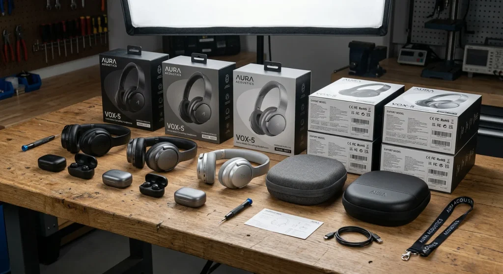 Custom Bluetooth headphones manufacturer displaying wireless earbuds and branded retail packaging