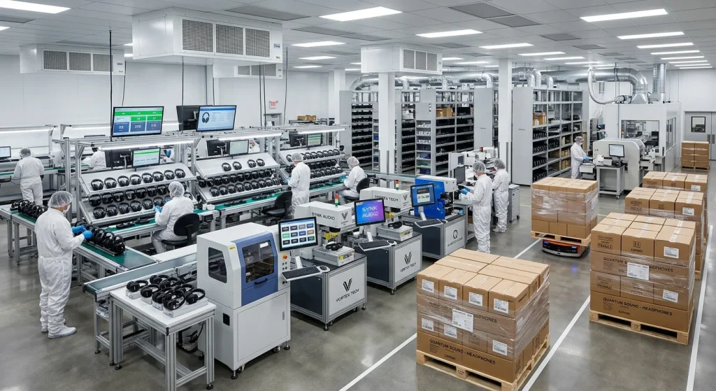 Custom headphone brand development facility displaying professional wireless device manufacturing and brand integration operations