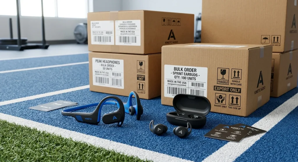 Custom sports headphones manufacturer displaying sweat resistant wireless audio hardware and export cartons