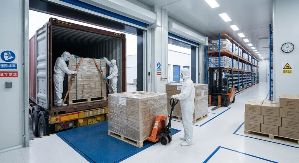 Direct export shipping container loading operation showing structured bulk carton packaging for international freight dispatch