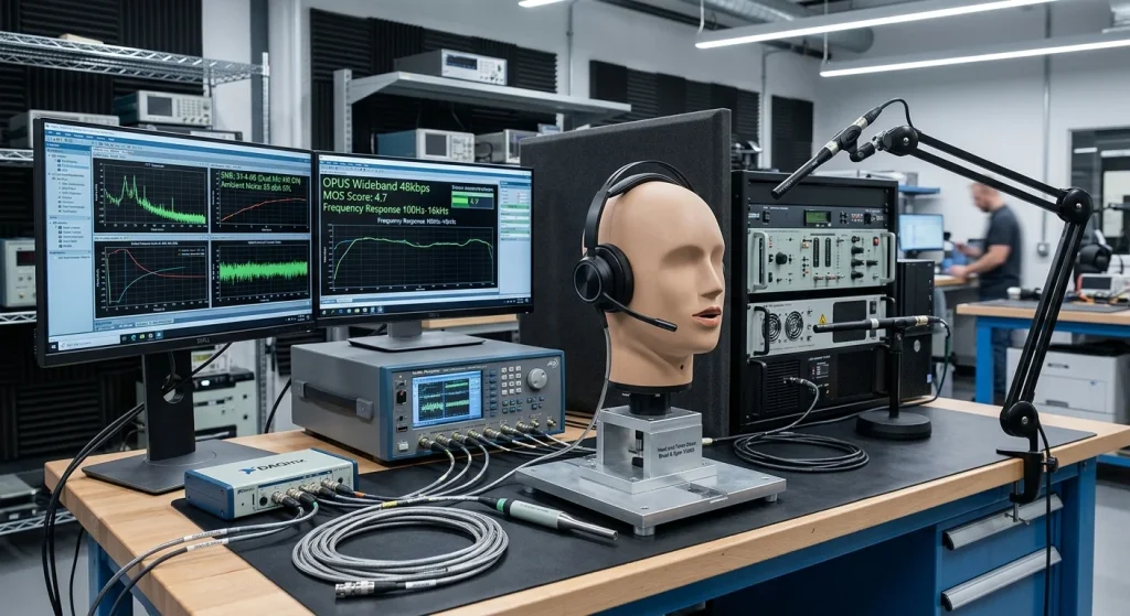 Dual mic noise reduction and acoustic testing equipment verifying headset audio clarity in manufacturing